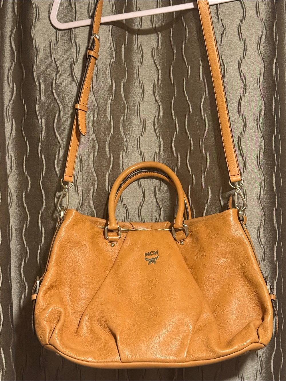 MCM Cognac Leather Embossed Limited Edition Satchel Bag crossbody